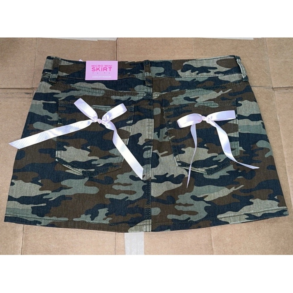 Ashley mason Camouflage micro mini skirt Ribbon bows new
